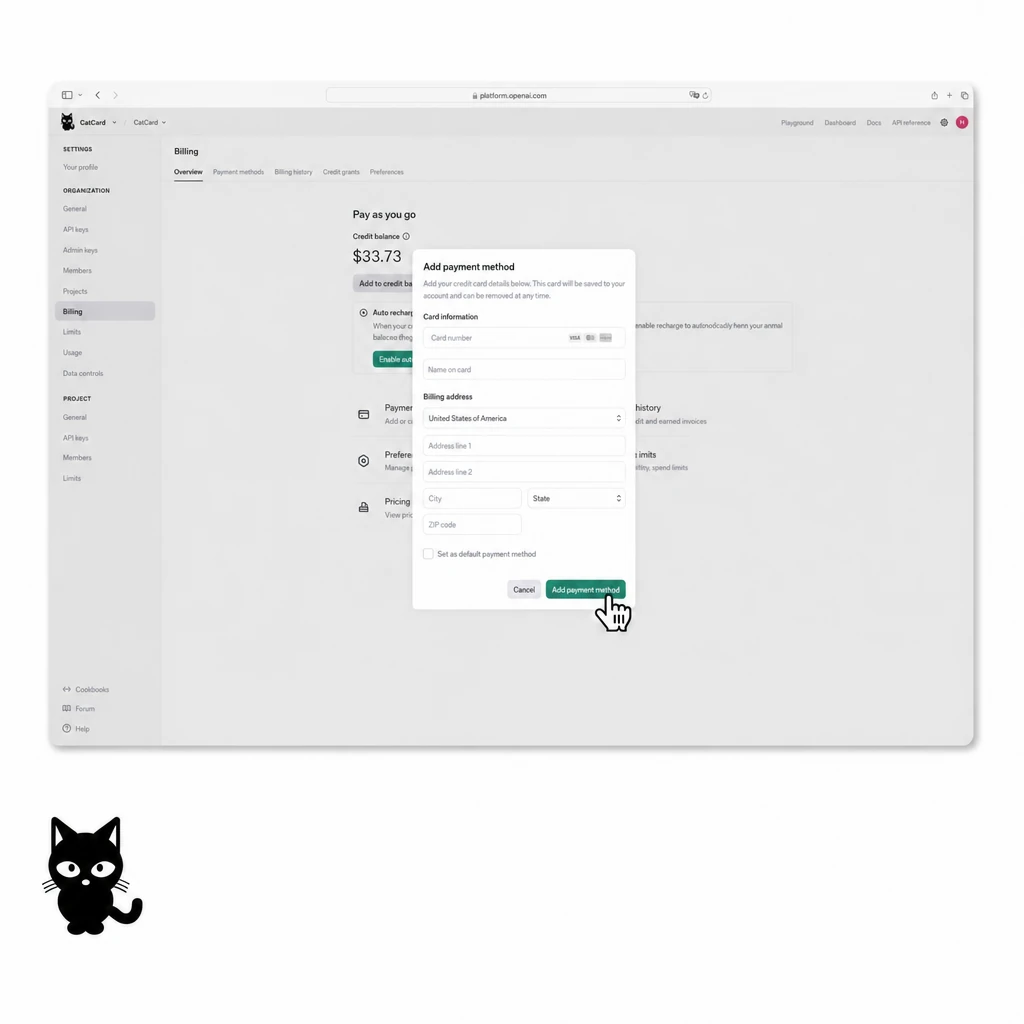 Вкладка Billing в OpenAI — кнопка Add to credit balance