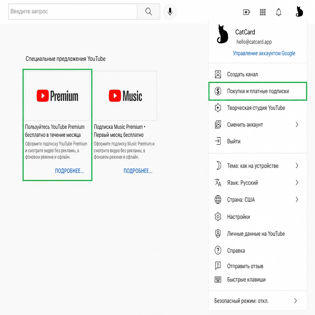Раздел «Покупки и платные подписки» YouTube с предложением YouTube Premium