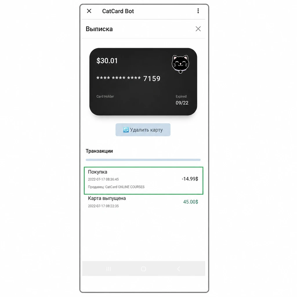 Экран истории транзакций в приложении CatCard после оплаты Udemy