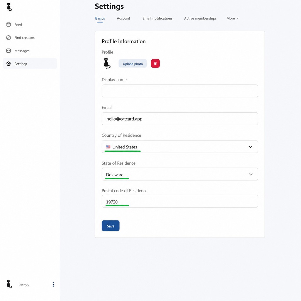 Выбор региона подписки в Patreon — США
