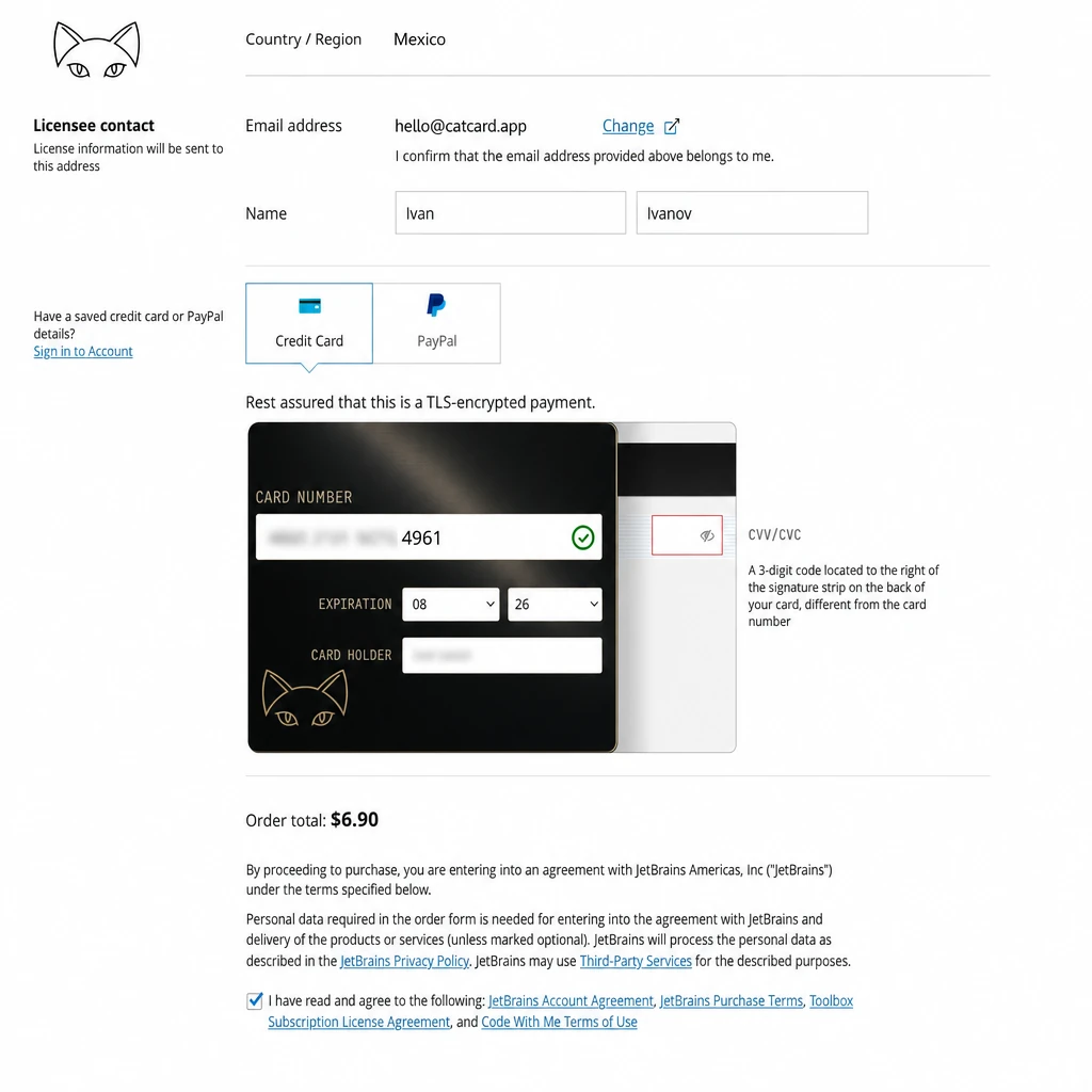 Форма JetBrains с данными карты CatCard и billing address — перед подтверждением оплаты