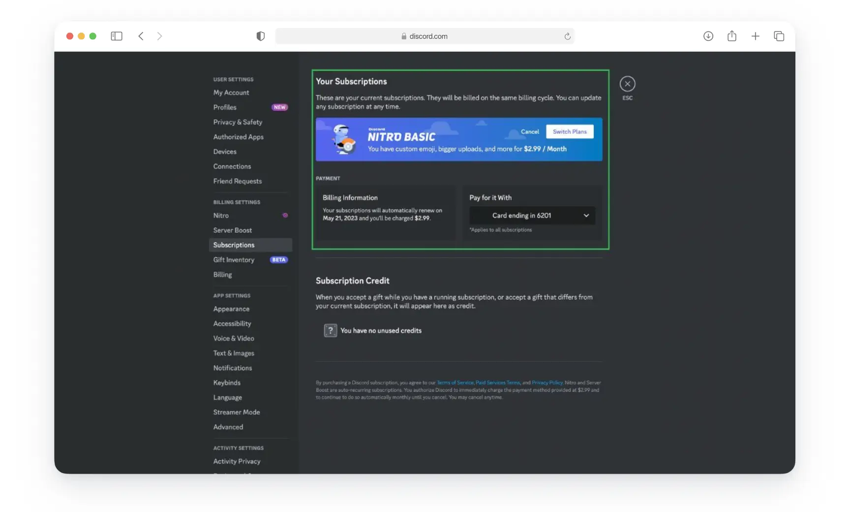 Транзакция по оплате Discord Nitro в мини-приложении CatCard