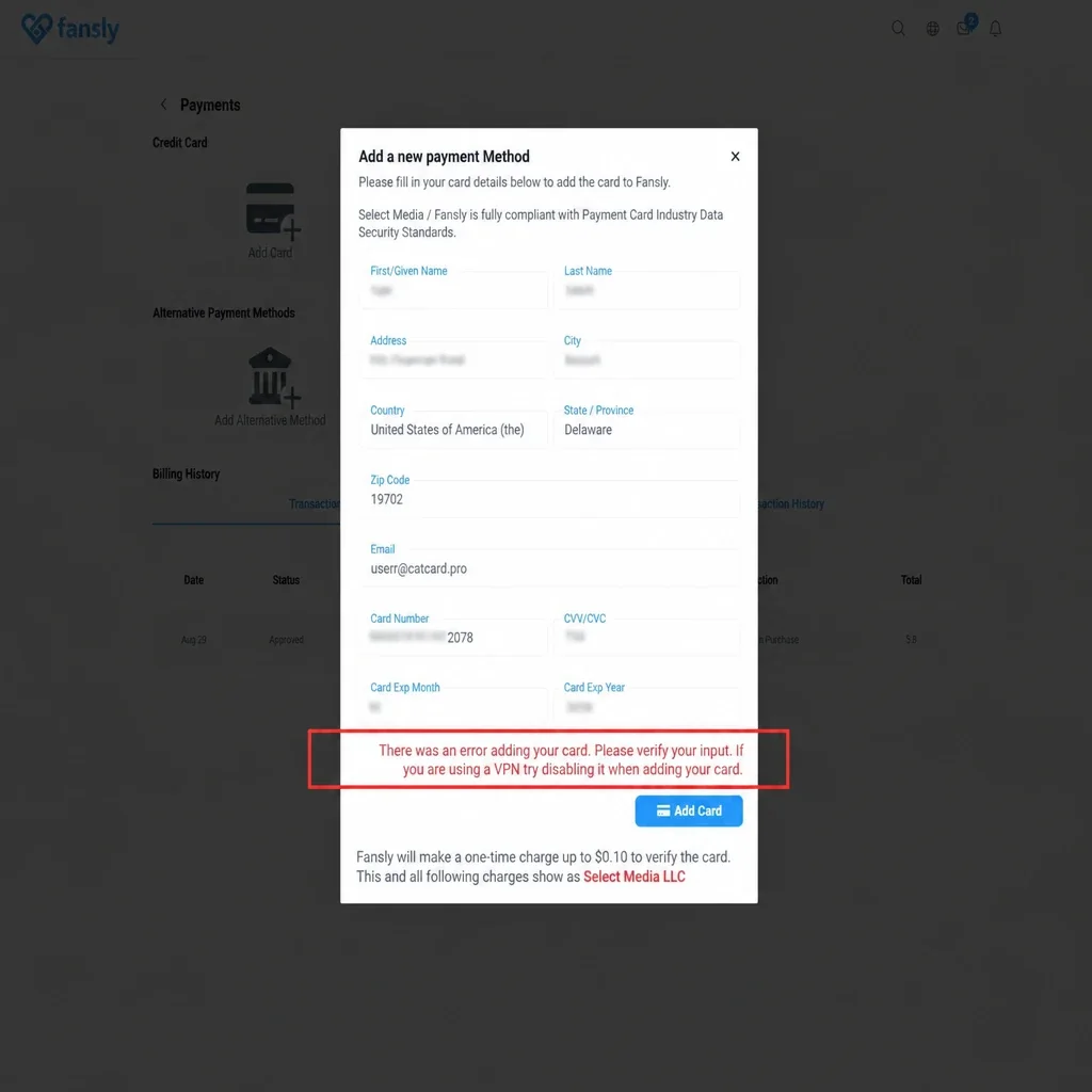 Сообщение об ошибке при добавлении карты на Fansly из-за VPN