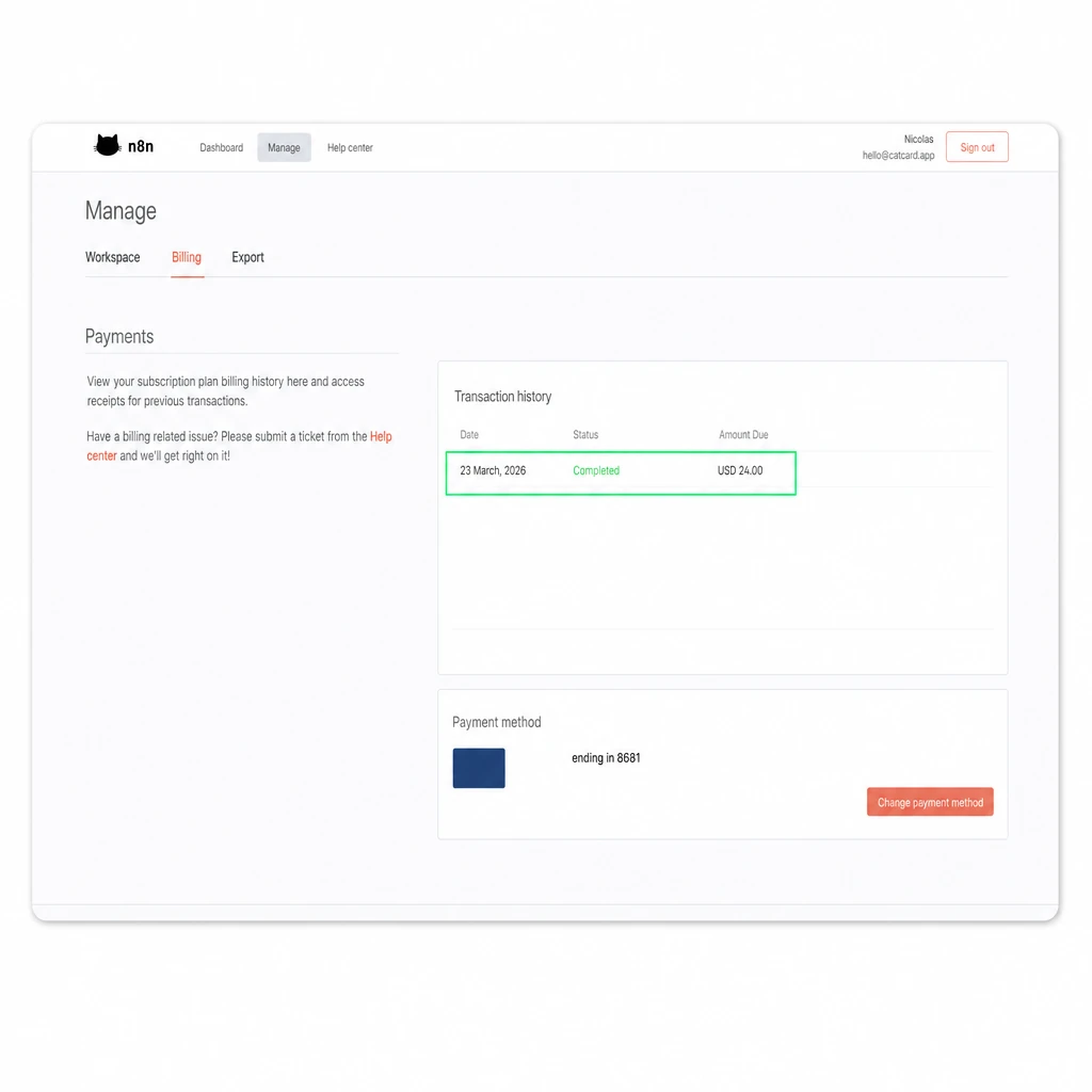Раздел Manage в n8n — статус оплаты Completed и информация о транзакции