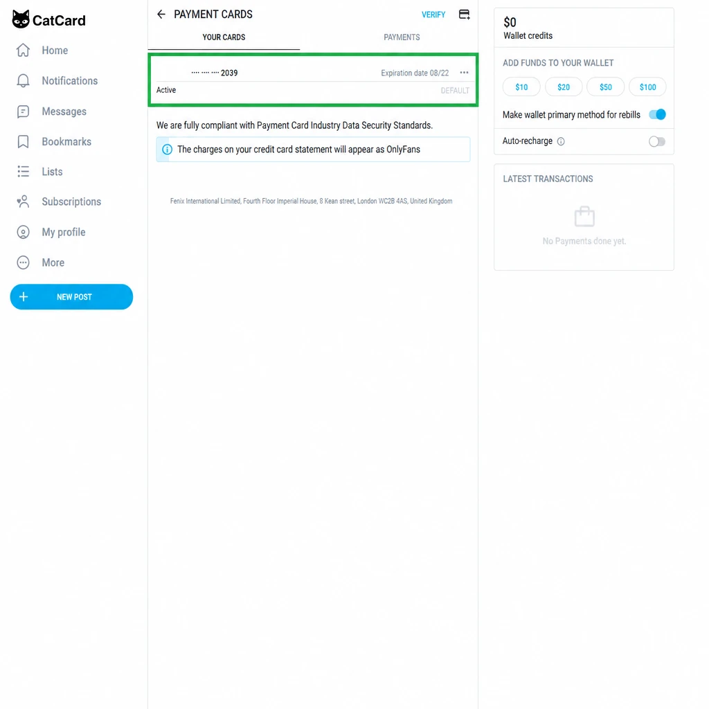 Форма ввода данных карты на OnlyFans — billing address и CVV