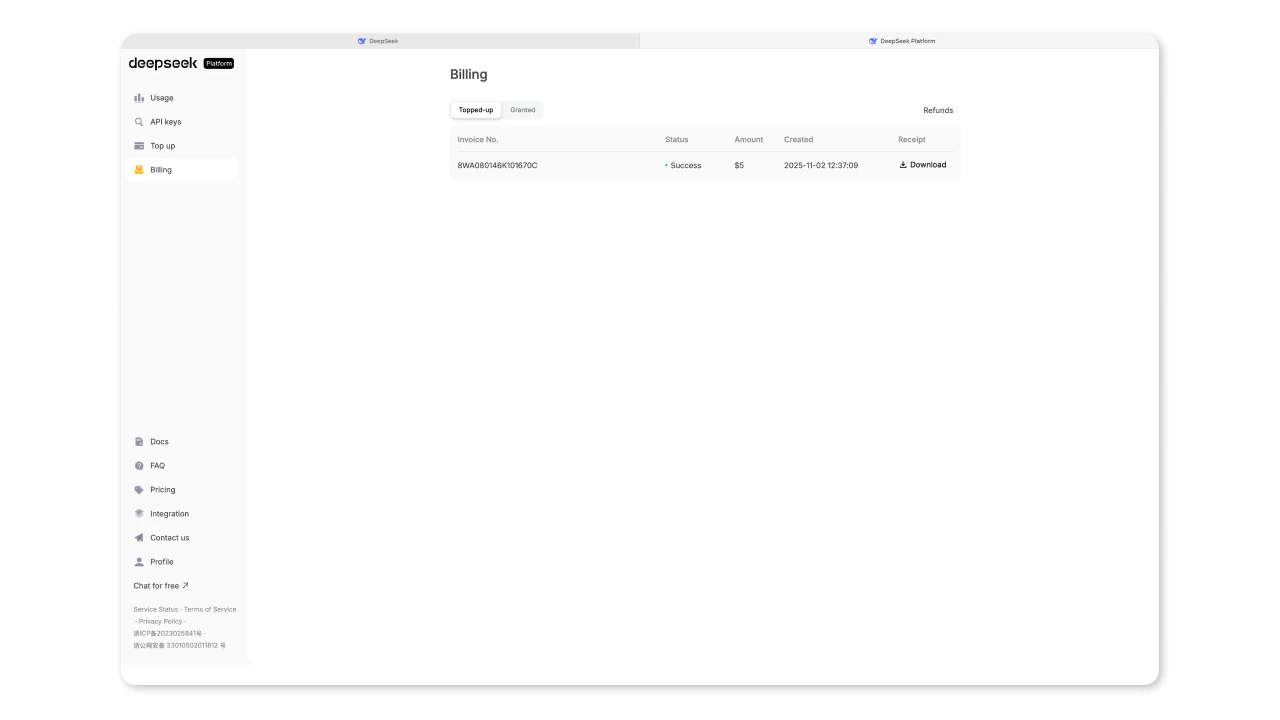 Раздел Billing в DeepSeek Platform с успешной транзакцией $5