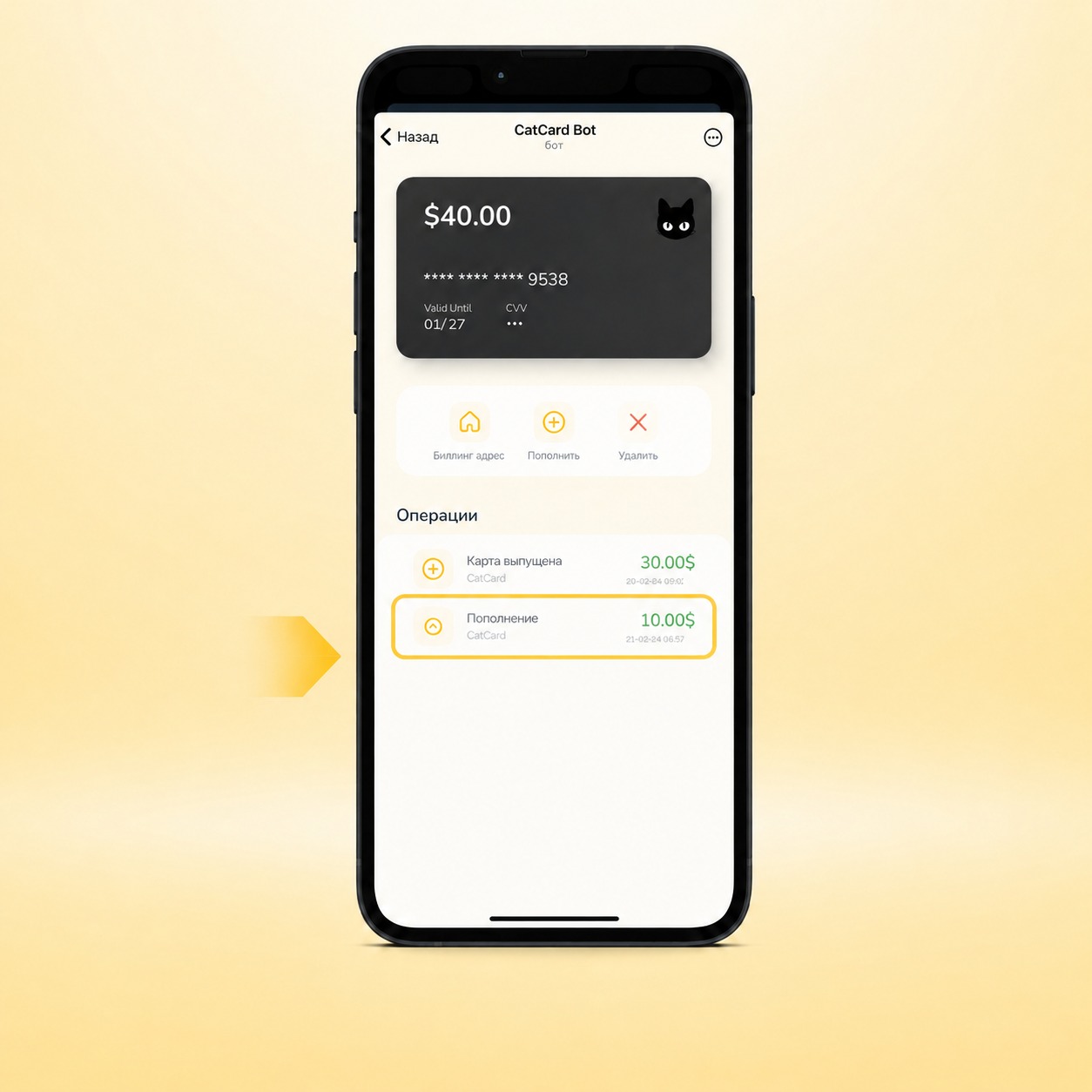 История транзакций после пополнения Премиальной карты CatCard