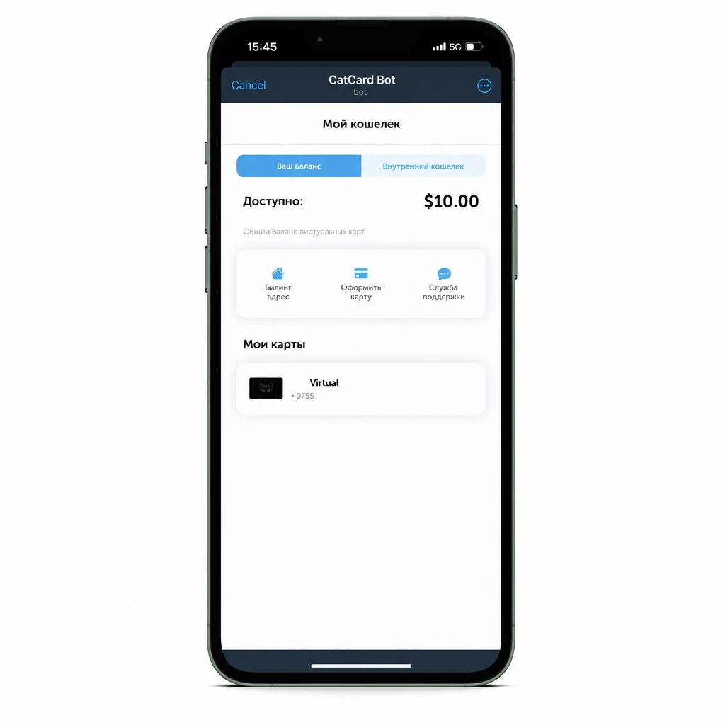 Личный кабинет CatCard с активной картой и балансом 10 USD
