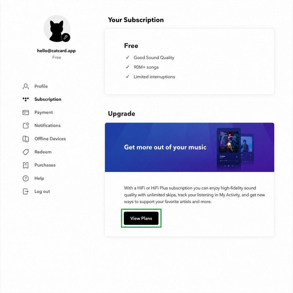 Раздел Subscription в Tidal с выбором тарифа