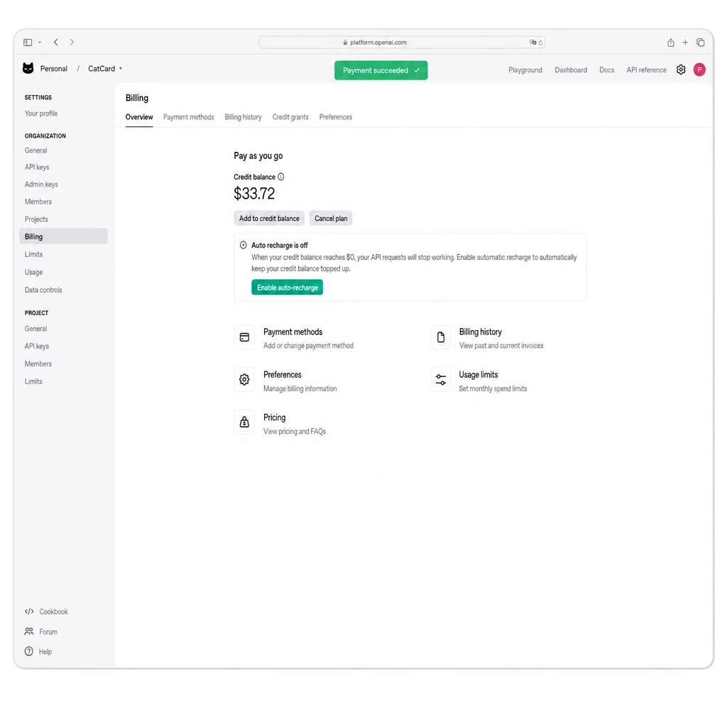 Страница Billing на OpenAI Platform — обзор баланса и разделы Payment methods, Billing history