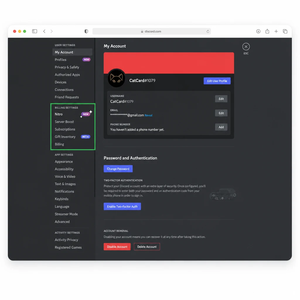 Форма ввода данных карты для оплаты Discord Nitro