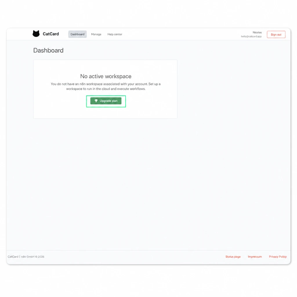 Дашборд n8n с активными рабочими пространствами и кнопкой Upgrade Plan