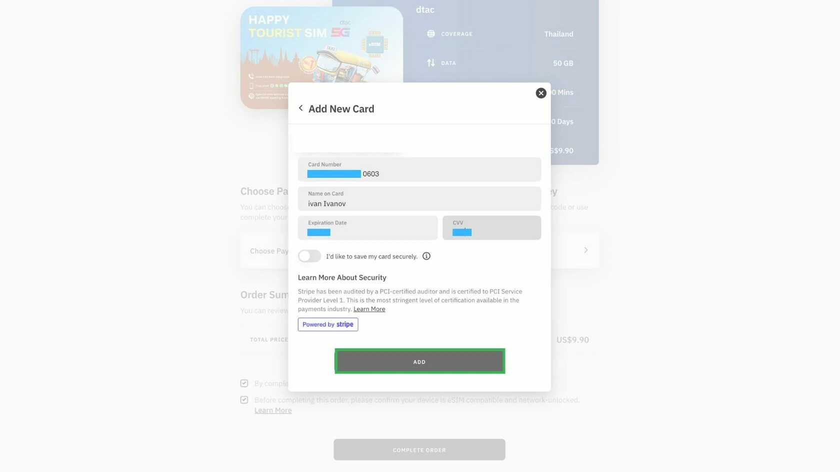 Форма ввода данных карты CatCard на сайте Airalo