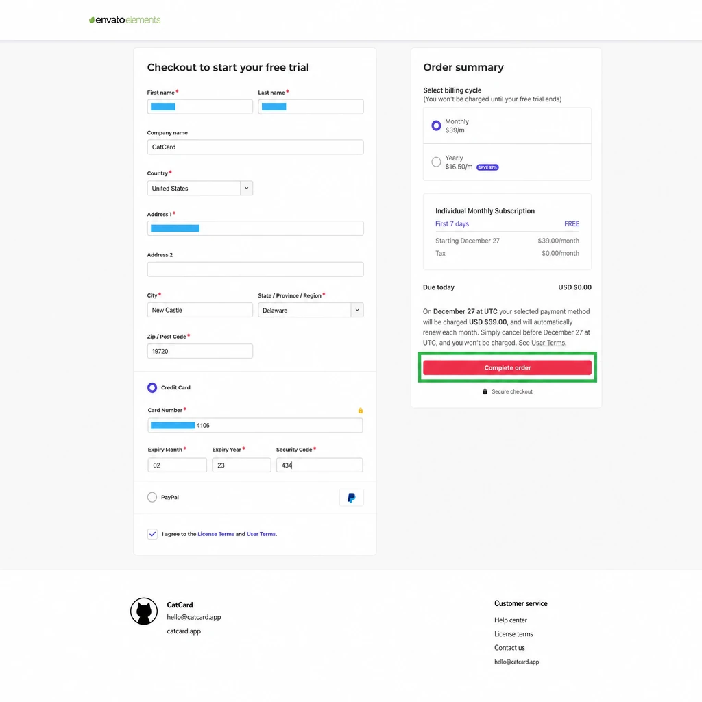 Форма ввода платёжных данных Envato с выбором страны