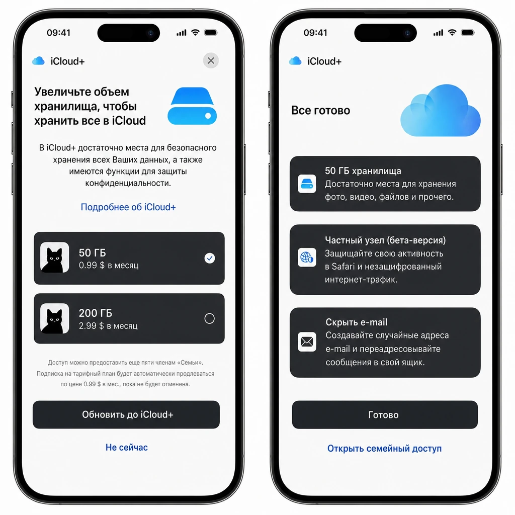Выбор тарифа iCloud 50 ГБ и кнопка оплаты