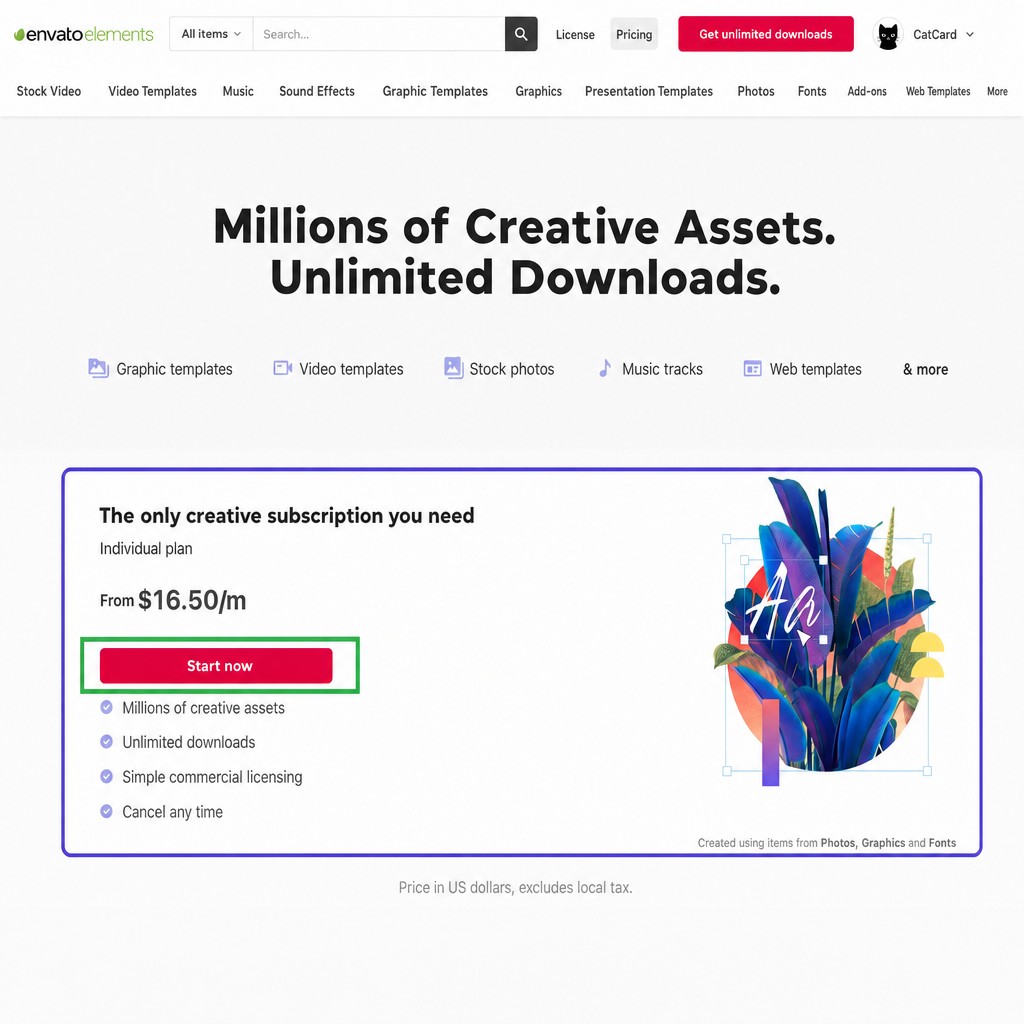 Страница оформления подписки Envato Elements с кнопкой Start now