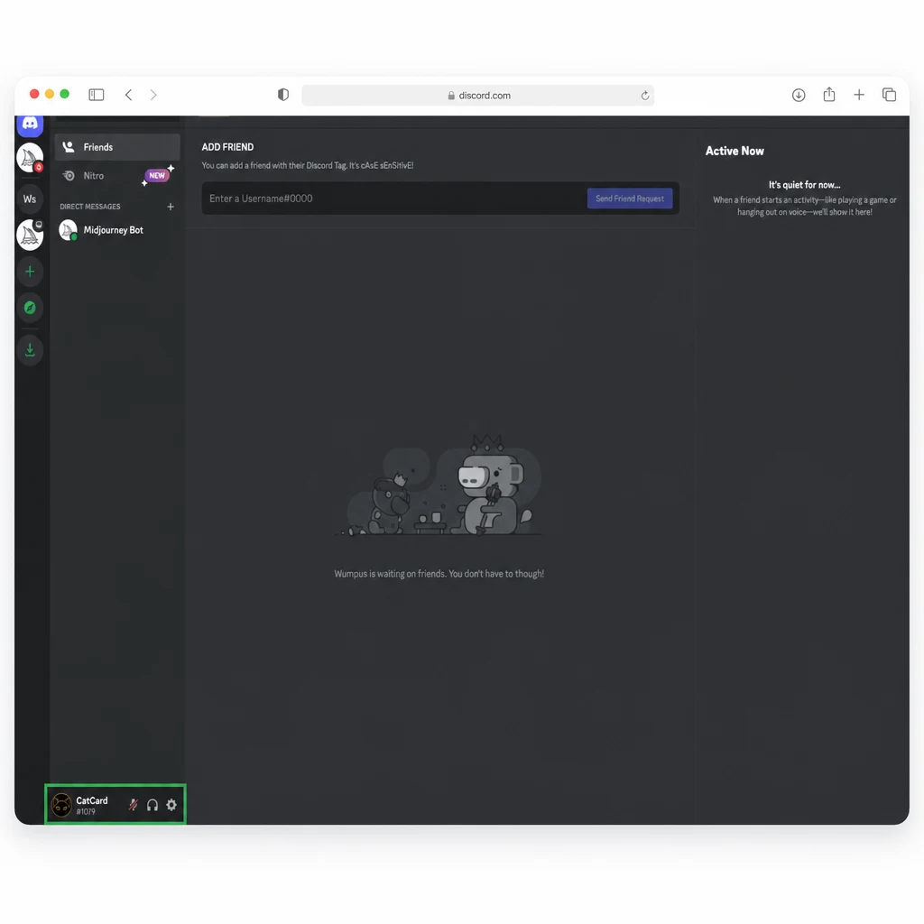 Экран добавления друга в Discord — аккаунт CatCard#1079 в левом нижнем углу