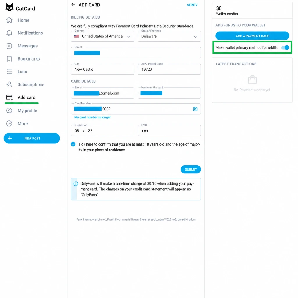 Раздел Add Card в настройках профиля OnlyFans
