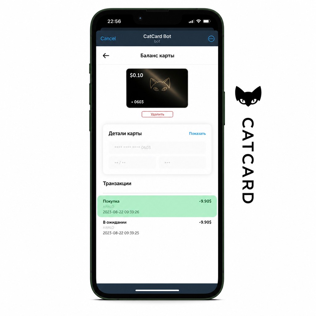 Уведомление о списании за подписку Airalo в боте CatCard