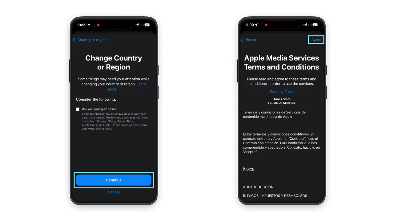 Подтверждение смены страны в App Store — кнопка Continue