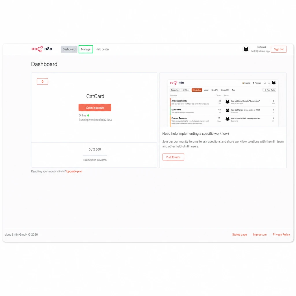 Экран Dashboard n8n после успешной оплаты подписки