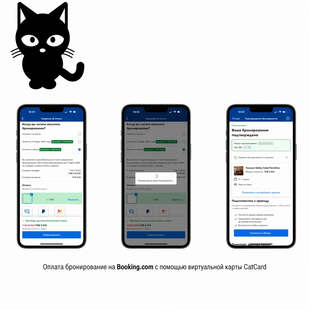 Три экрана Booking.com: выбор времени оплаты, подтверждение транзакции и страница подтверждённого бронирования