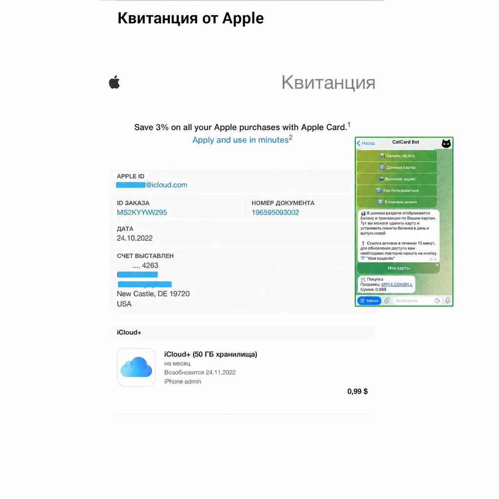 Квитанция об успешной оплате iCloud